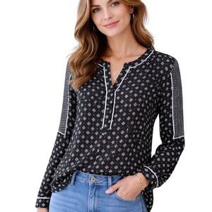 LOFT Mixed Print Popover Top Womens Small Navy Ivory Long Sleeve Peasant Blouse